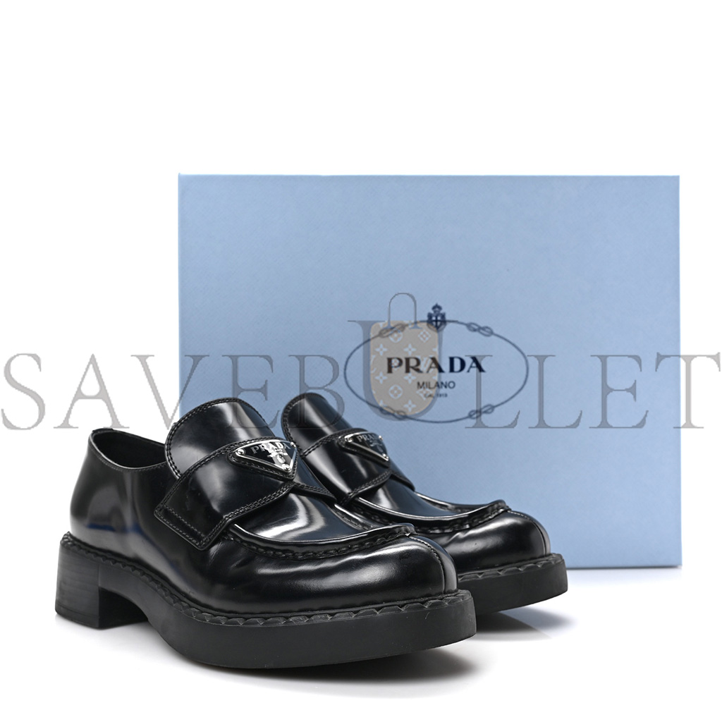 PRADA SPAZZOLATO METAL TRIANGLE LOGO 50MM LOAFERS 36.5 BLACK