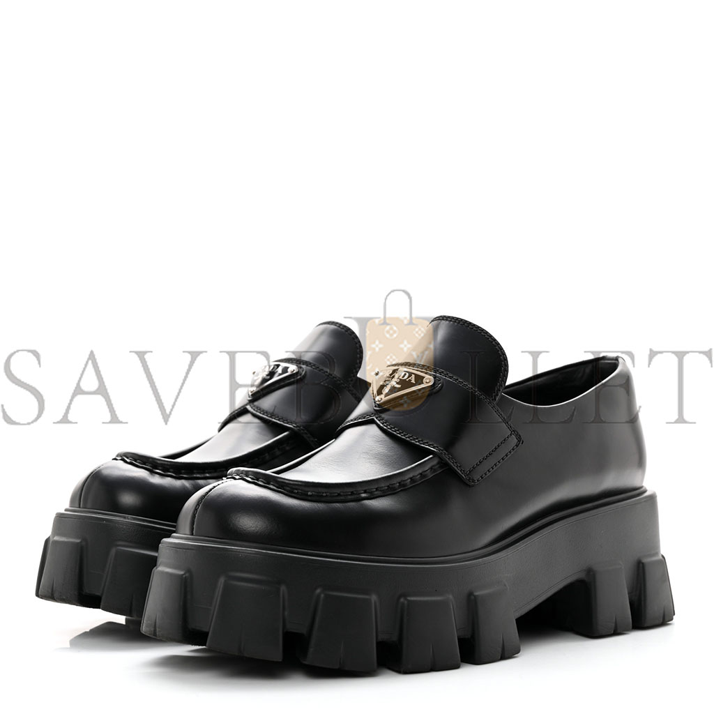 PRADA SPAZZOLATO ROIS METAL TRIANGLE LOGO MONOLITH 55MM LOAFERS 39 BLACK PRADA SPAZZOLATO ROIS METAL TRIANGLE LOGO MONOLITH 55MM LOAFERS 39 BLACK