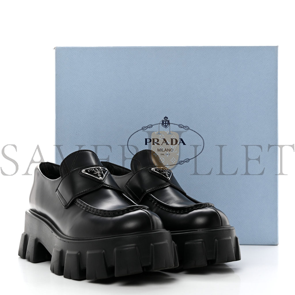 PRADA SPAZZOLATO ROIS METAL TRIANGLE LOGO MONOLITH 55MM LOAFERS 39 BLACK PRADA SPAZZOLATO ROIS METAL TRIANGLE LOGO MONOLITH 55MM LOAFERS 39 BLACK