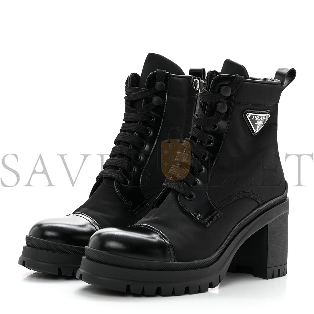 PRADA SPAZZOLATO RE-NYLON METAL TRIANGLE LOGO LACE UP 55MM ANKLE BOOTS 36.5 BLACK