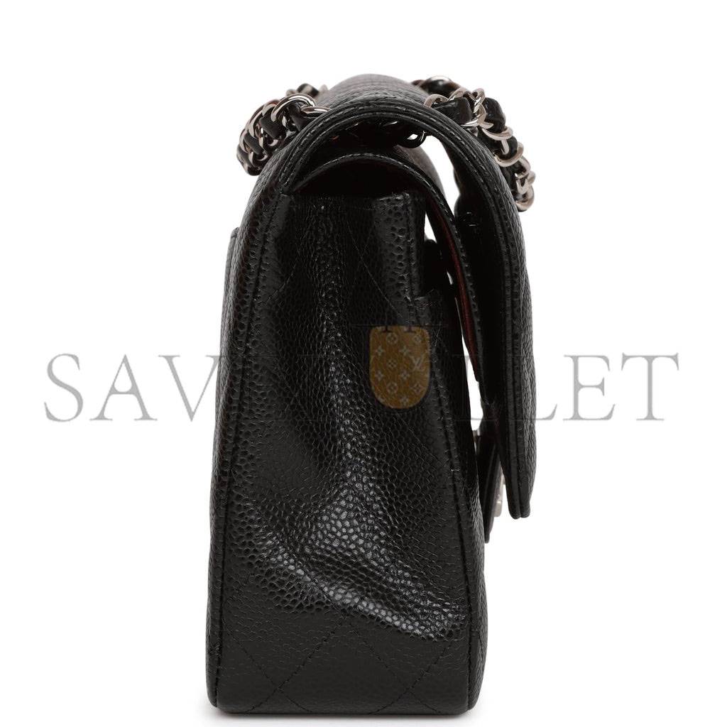 CHANEL MEDIUM CLASSIC DOUBLE FLAP BAG BLACK QUILTED CAVIAR SILVER HARDWARE (25*15*7cm)