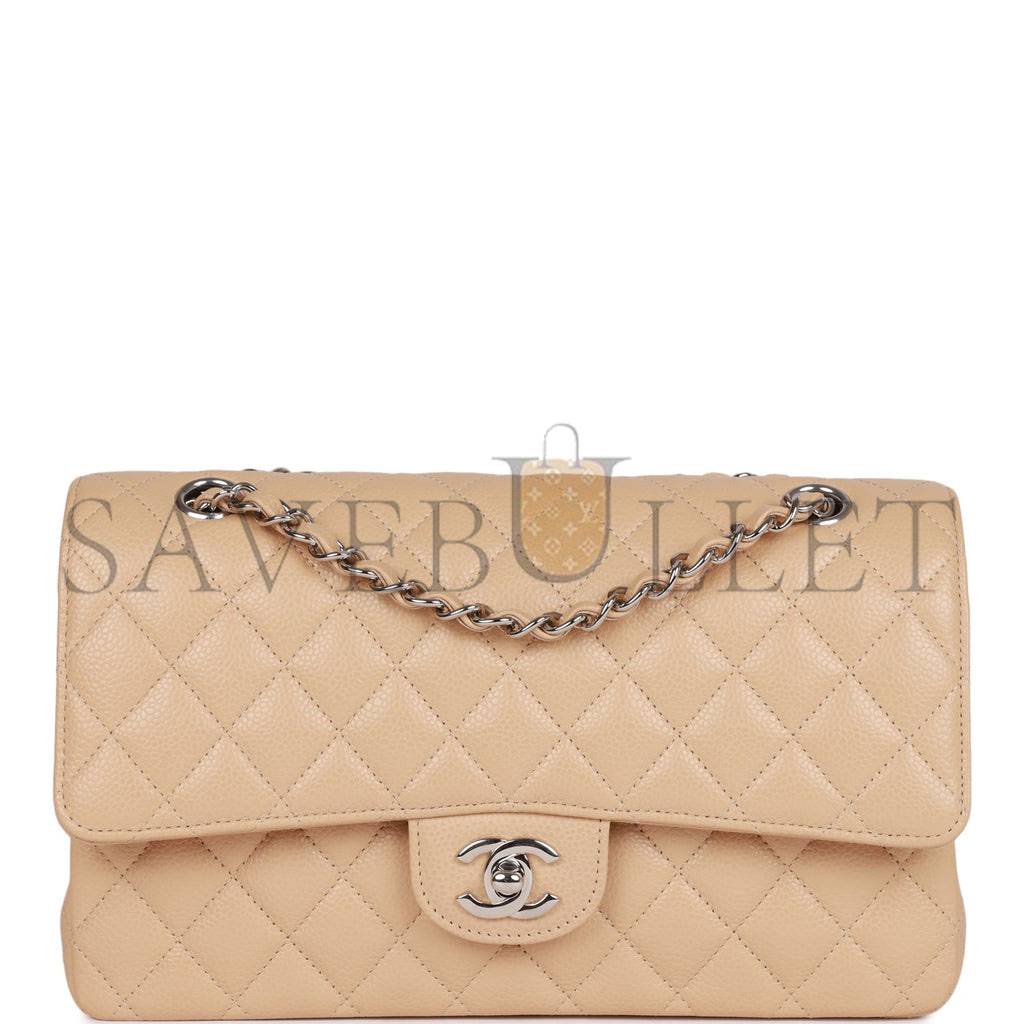 CHANEL MEDIUM CLASSIC DOUBLE FLAP BAG BEIGE CAVIAR SILVER HARDWARE (25*15*7cm)