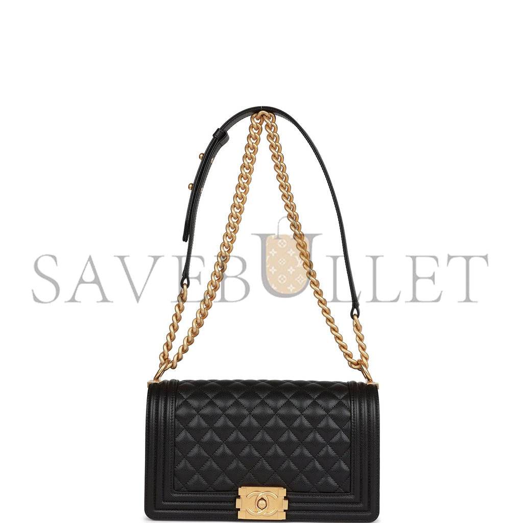 CHANEL MEDIUM BOY BAG BLACK CAVIAR ANTIQUE GOLD HARDWARE (25*15*9cm)