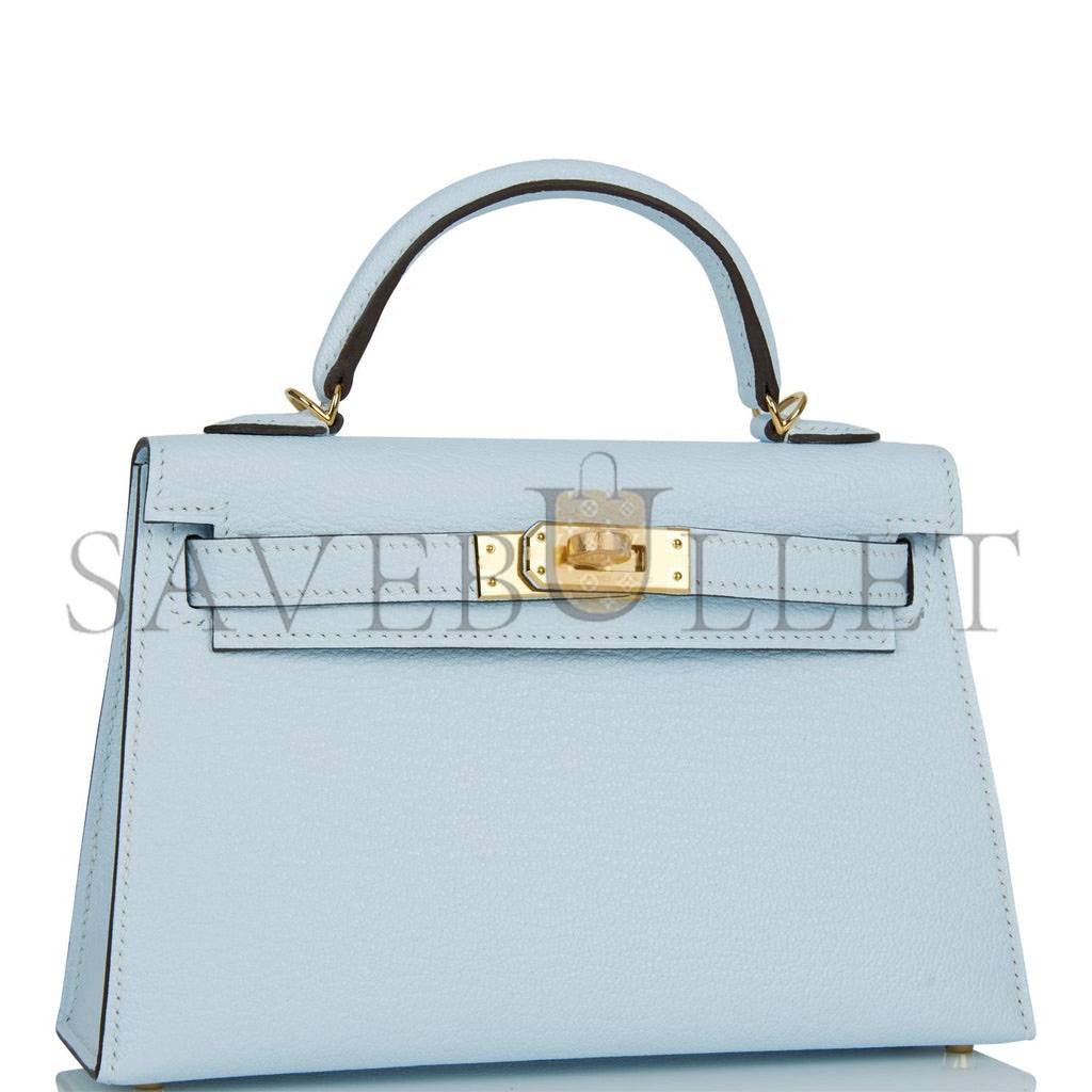 HERMES MINI KELLY SELLIER 20 BLEU BRUME CHEVRE GOLD HARDWARE (19*12*5.5cm)