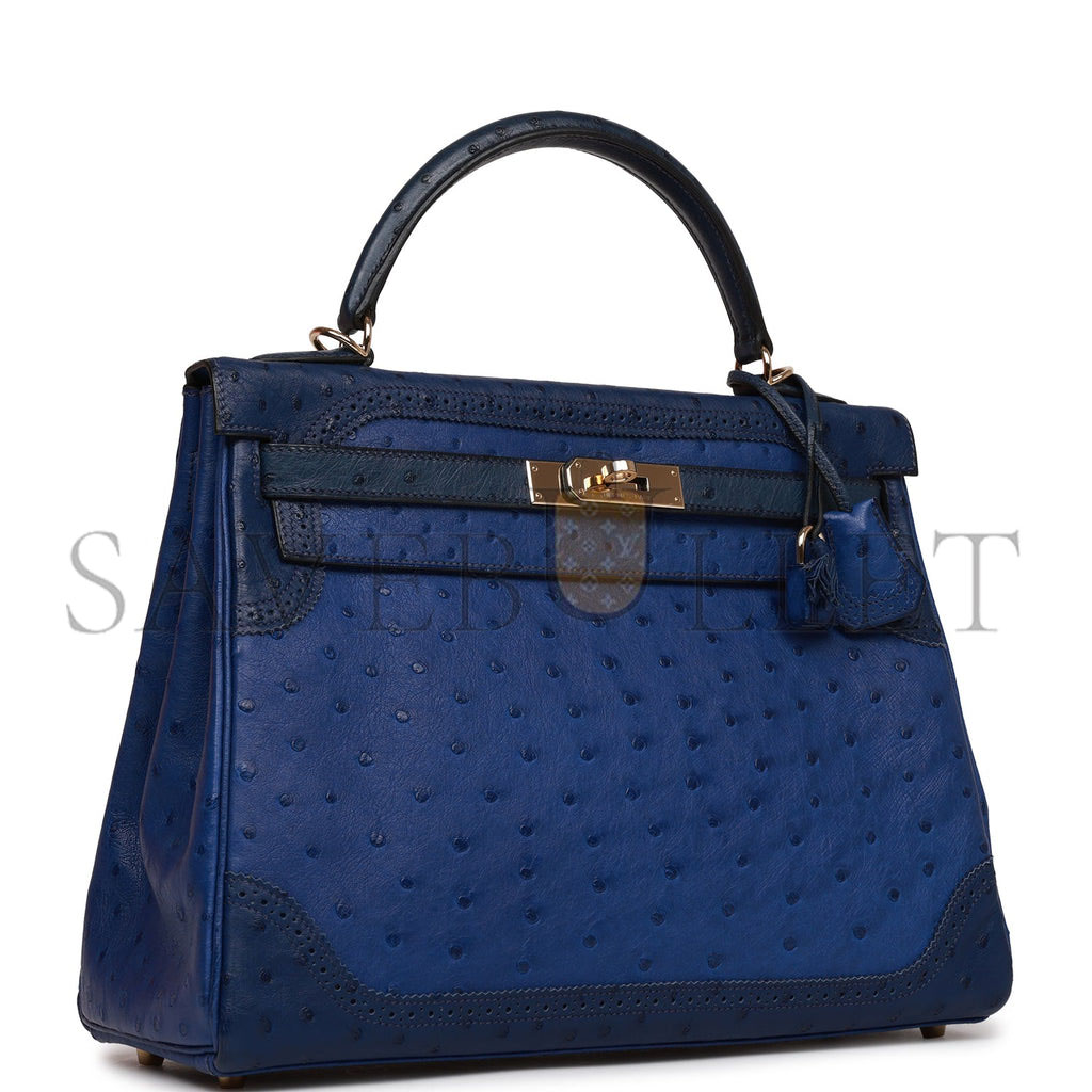 HERMES GHILLIES KELLY RETOURNE 32 BLEU SAPHIR, BLEU IRIS AND BLEU DE MALTE OSTRICH PERMABRASS HARDWARE (32cm) HERMES GHILLIES KELLY RETOURNE 32 BLEU SAPHIR, BLEU IRIS AND BLEU DE MALTE OSTRICH PERMABRASS HARDWARE (32cm)