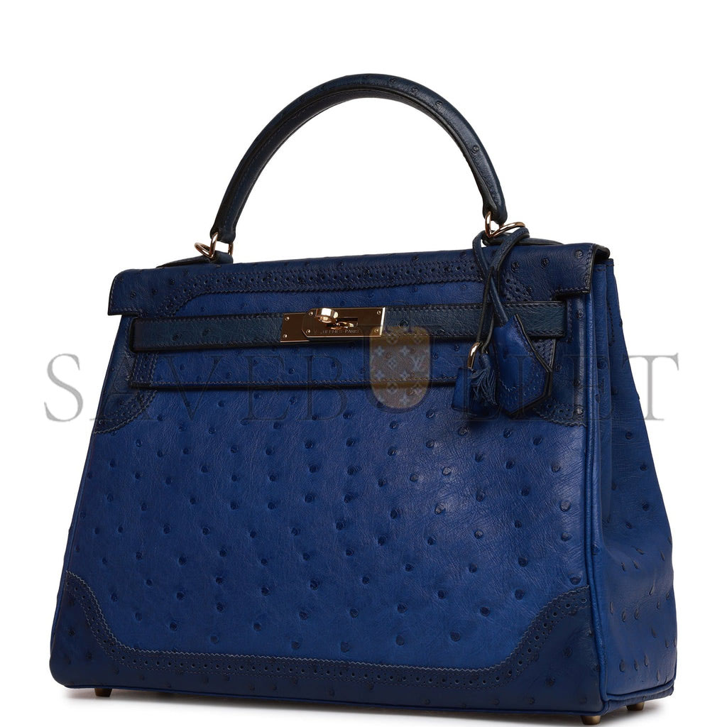 HERMES GHILLIES KELLY RETOURNE 32 BLEU SAPHIR, BLEU IRIS AND BLEU DE MALTE OSTRICH PERMABRASS HARDWARE (32cm) HERMES GHILLIES KELLY RETOURNE 32 BLEU SAPHIR, BLEU IRIS AND BLEU DE MALTE OSTRICH PERMABRASS HARDWARE (32cm)