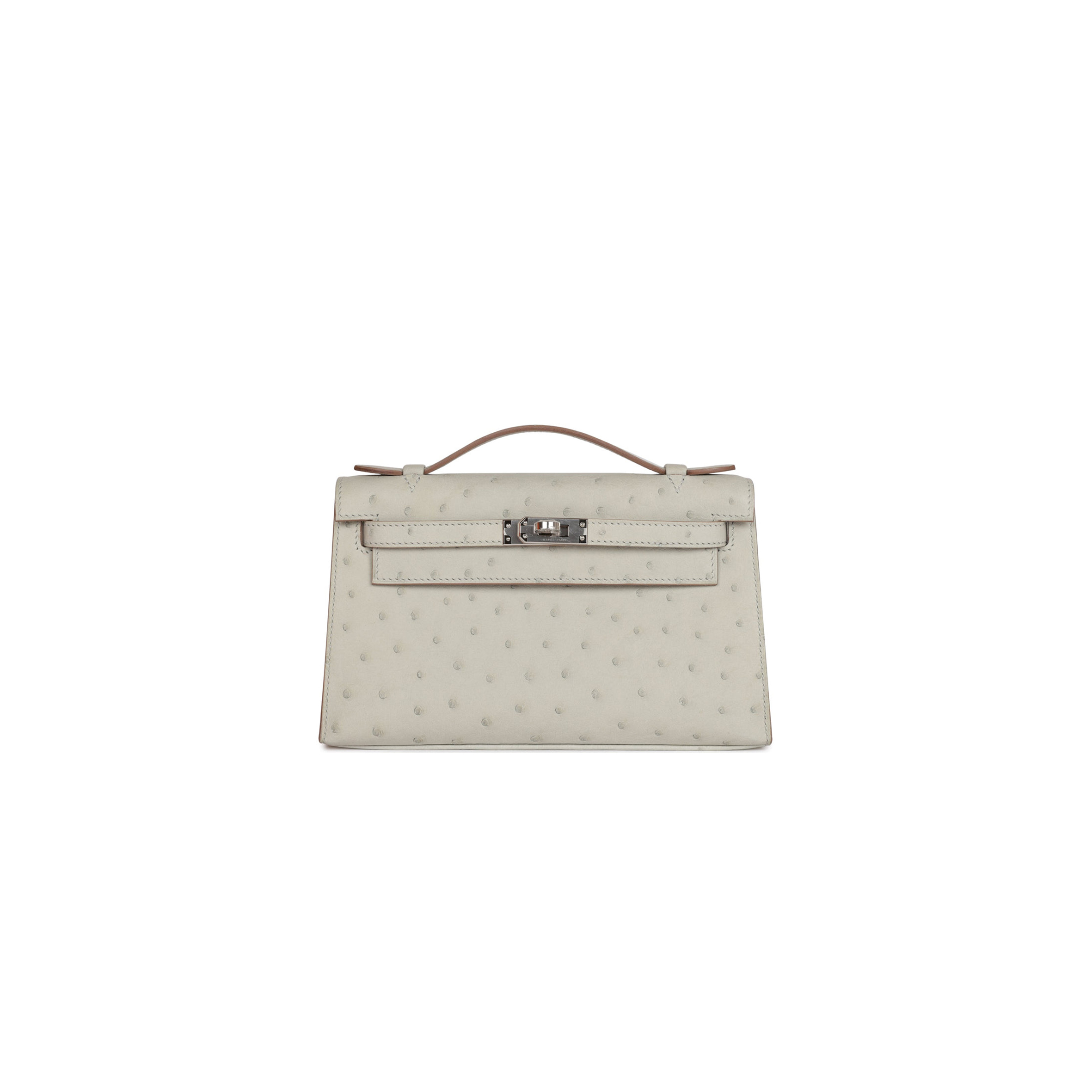 HERMES MINI KELLY POCHETTE GRIS PERLE OSTRICH PALLADIUM HARDWARE  (22*14*7cm)