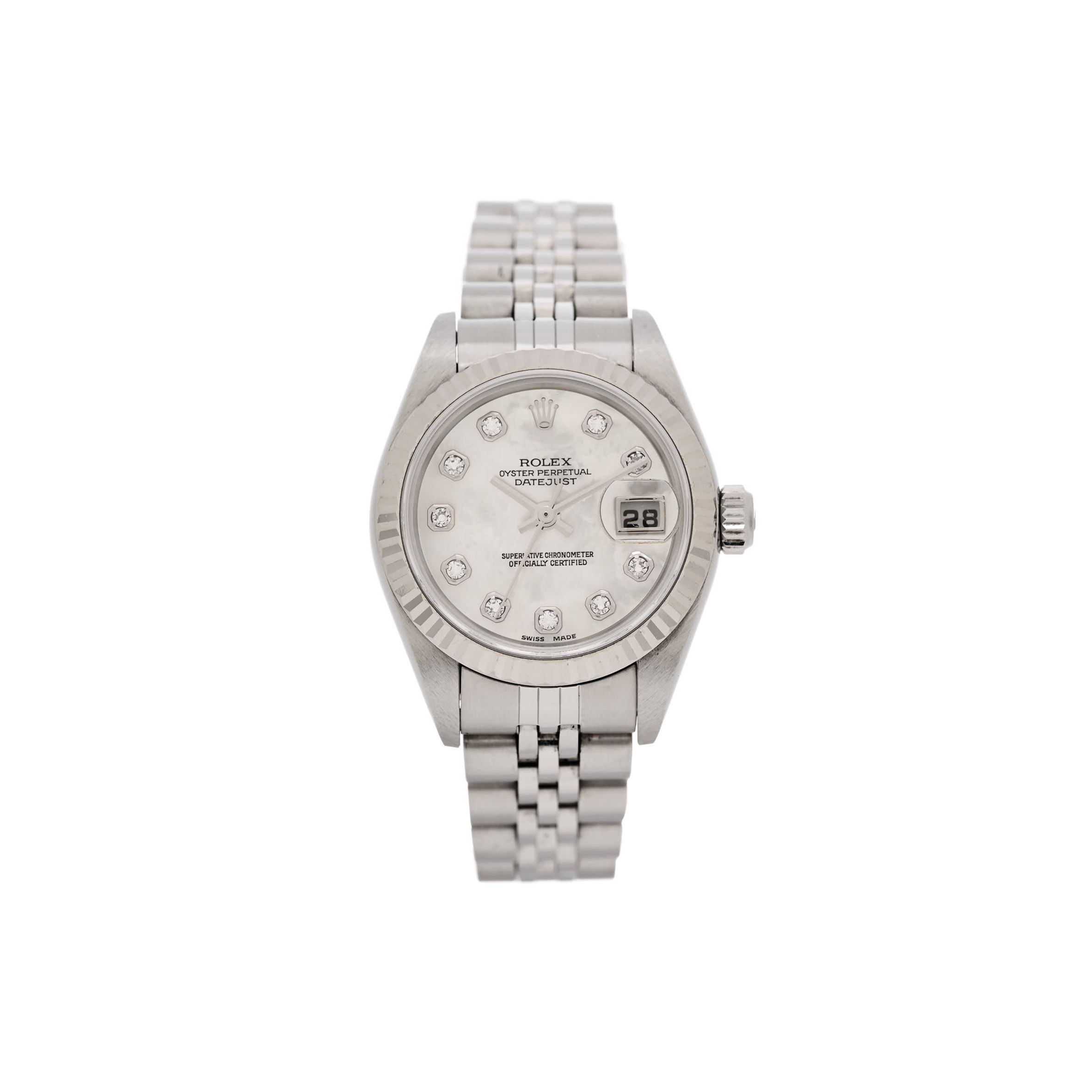 ROLEX STAINLESS STEEL 18K WHITE GOLD DIAMOND MOTHER OF PEARL 26MM OYSTER PERPETUAL DATEJUST WATCH 79174