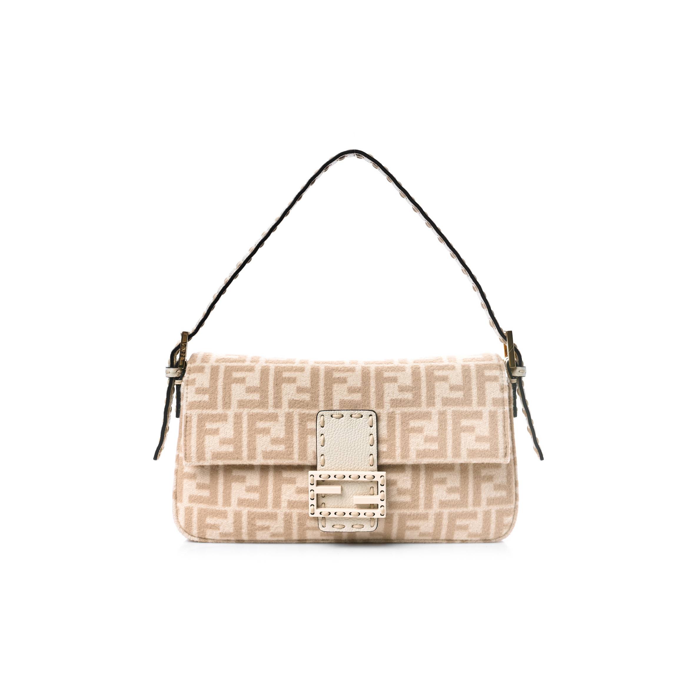 FENDI WOOL CUOIO ROMANO SELLERIA FF 1974 BAGUETTE 1997 BEIGE CAMMELLO CAMELIA (27*15*4cm)